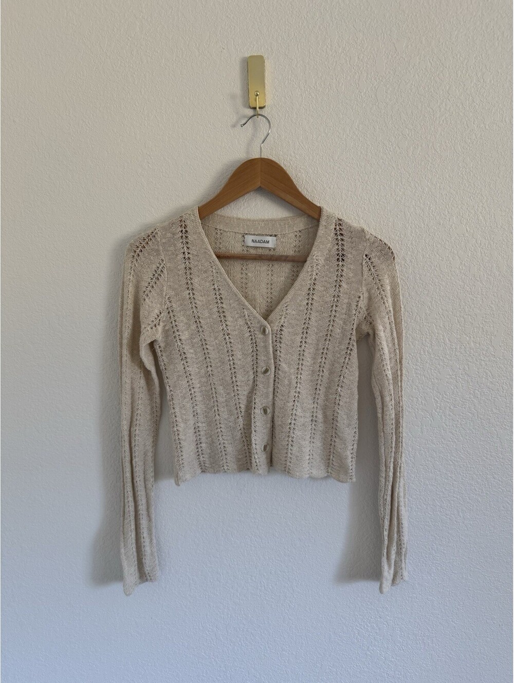 Naadam Women’s Sz XS Pointelle Knit V-Neck Ivory Linen Silk Blend Cardigan